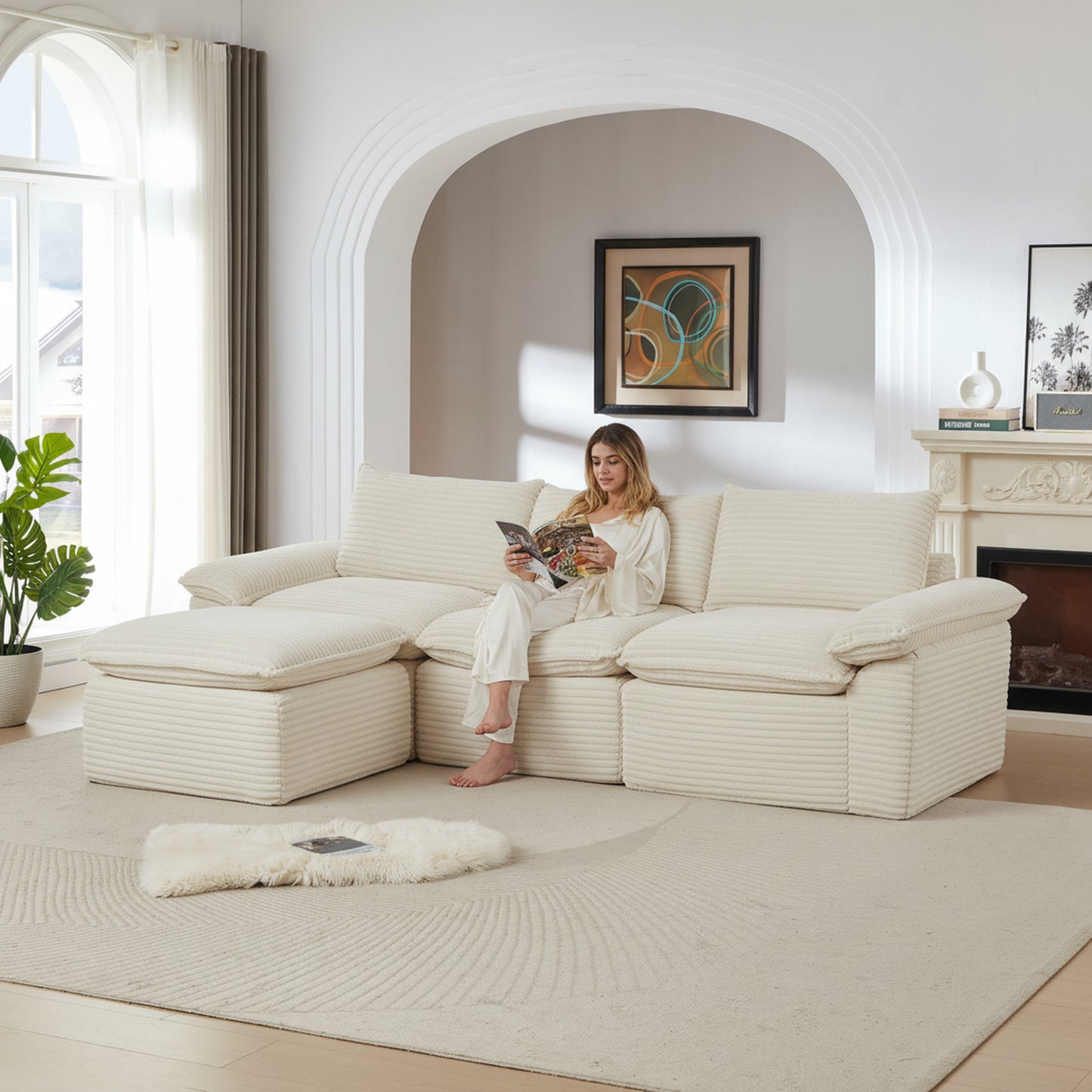 Modern White Corduroy Cloud Sofa - Comfortable & Versatile