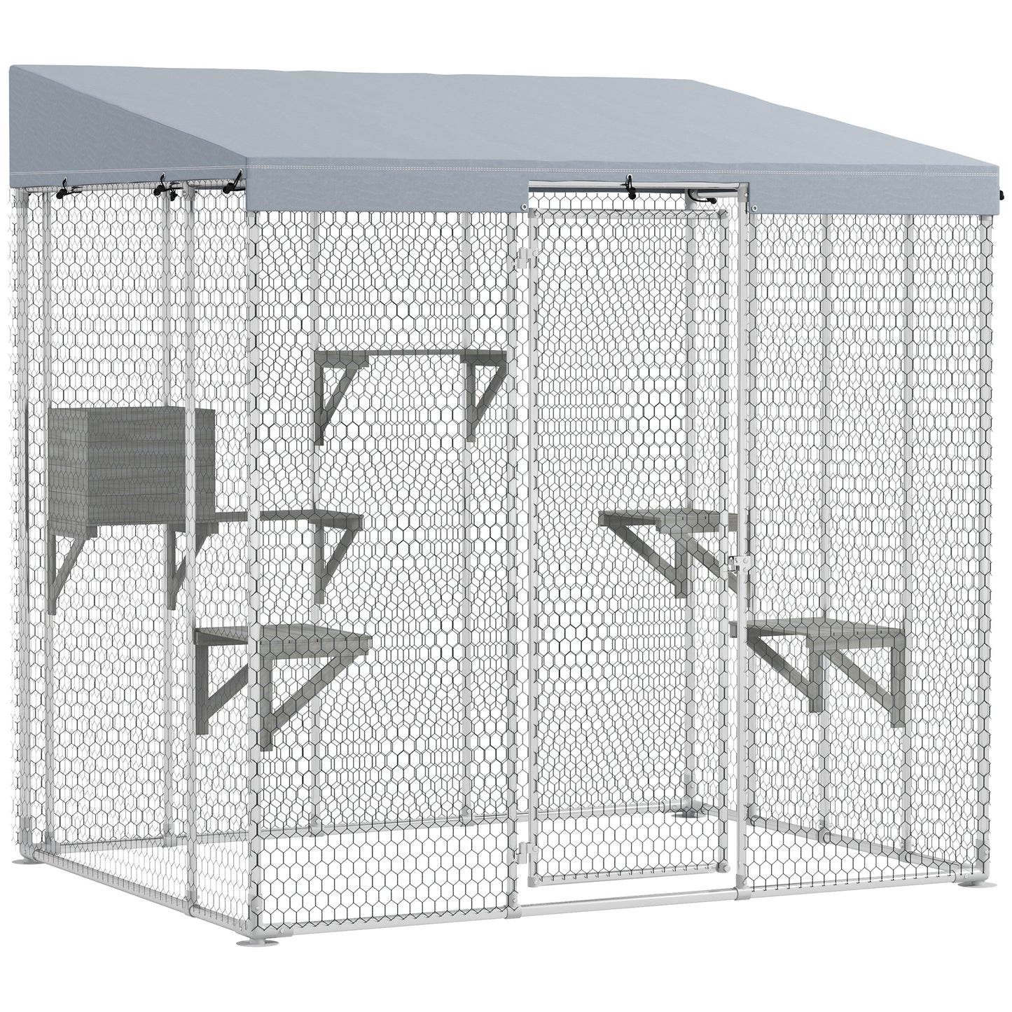 Large Galvanized Steel Cat Enclosure with Waterproof Canopy and Jumping Platforms - Silver, 79 Inches