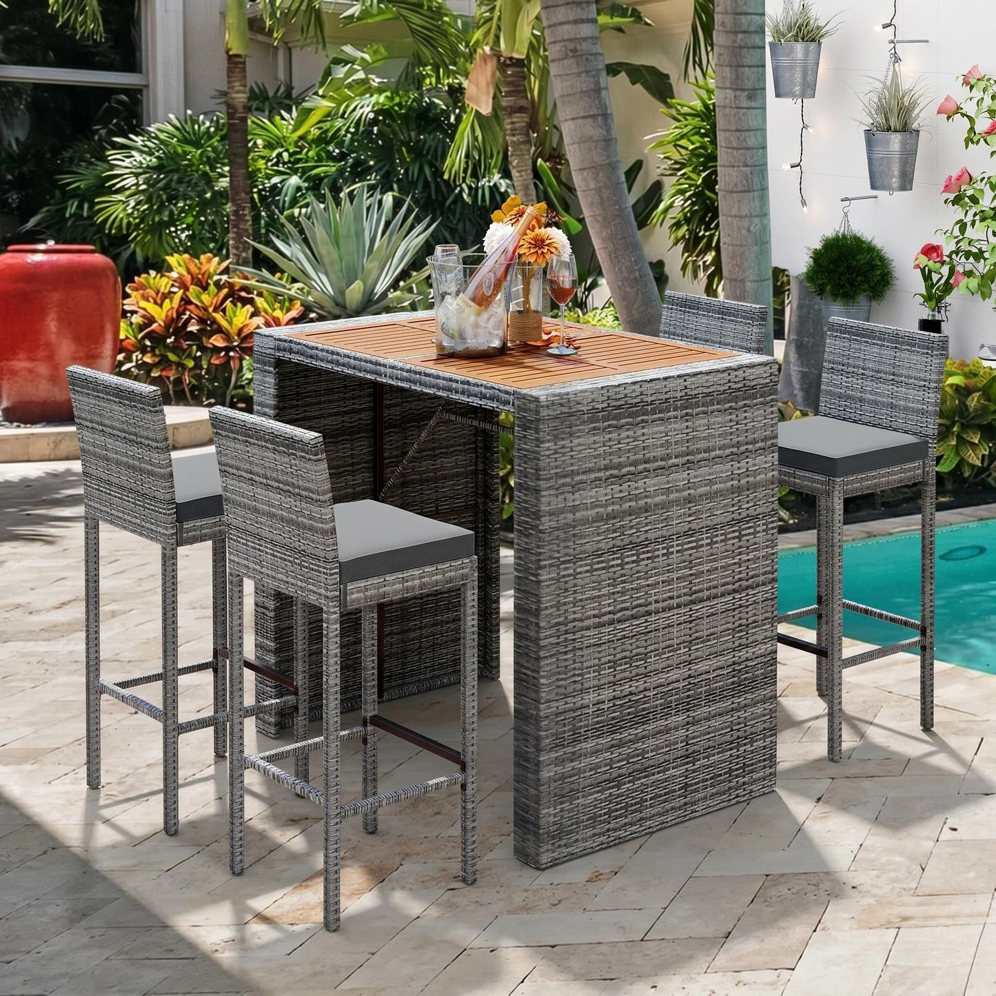 GO 5-pieces Outdoor Patio Wicker Bar Set, Height Chairs With Non-Slip