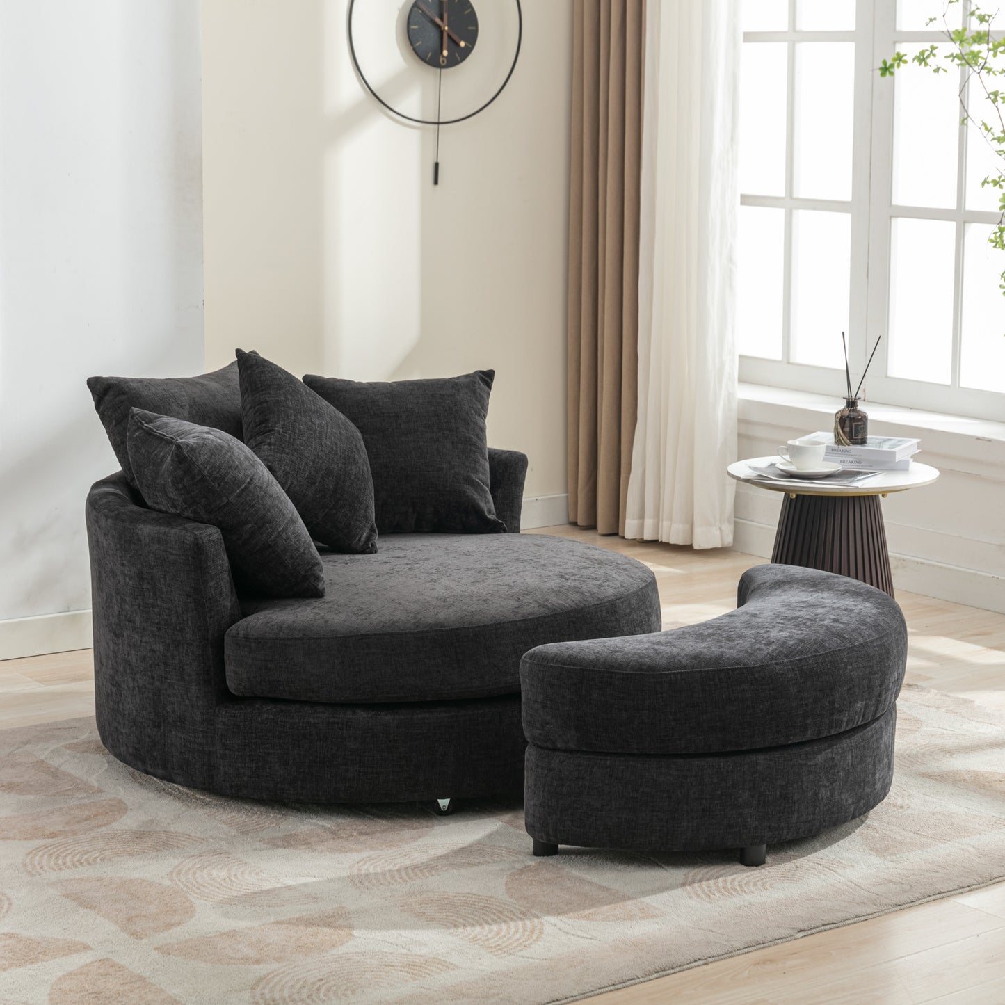360° Swivel Accent Barrel Chair with Storage Ottoman & 4 Pillows - Gray