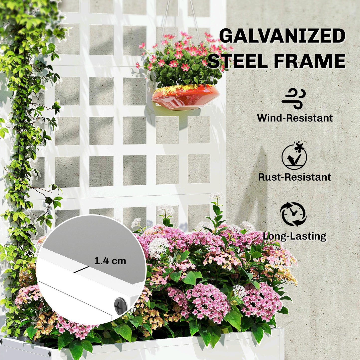 Galvanized Steel Raised Garden Bed with Trellis 24x9x44.5 Inches - White
