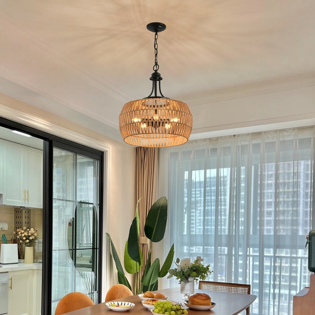 Boho Hemp Rope Pendant Light - Hand-Woven Jute Ceiling Fixture