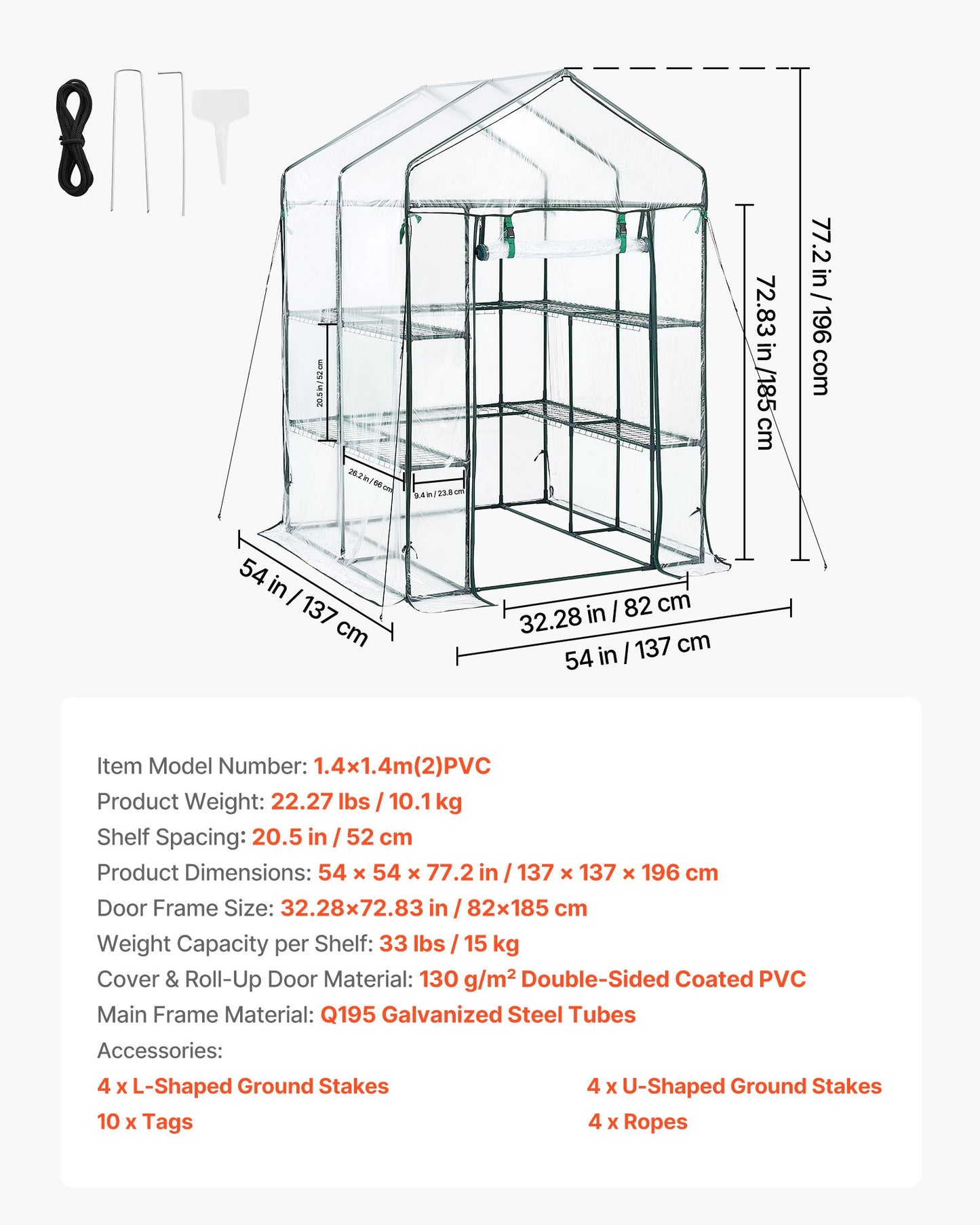 Walk-In Greenhouse with Shelves - 54x54x77.2 in, Steel Frame, Waterproof Cover