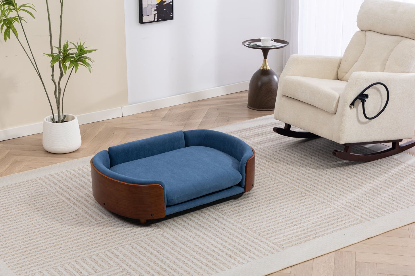 Large Scandinavian Style Elevated Dog Bed with Velvet Cushion and Solid Wood Legs