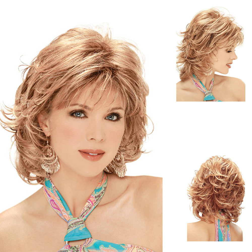 Women's Curly Wig with Diagonal Bangs - Gold