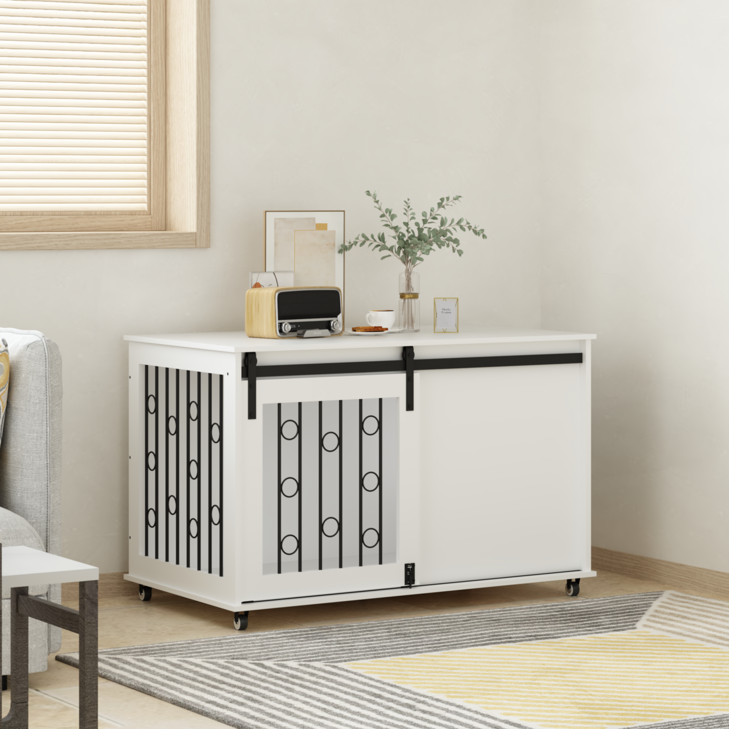 Modern Wooden Dog Crate with Sliding Barn Door – White