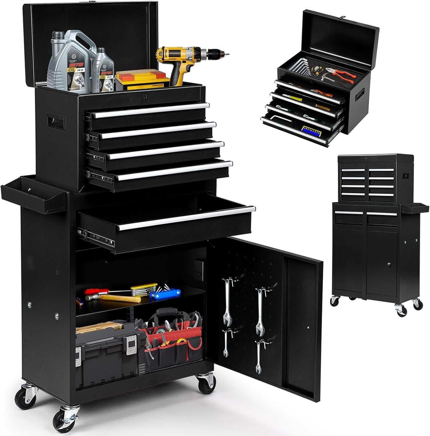 5-Drawer Rolling Tool Chest with Lockable Top and Wheels - Garage Storage Cabinet, Black
