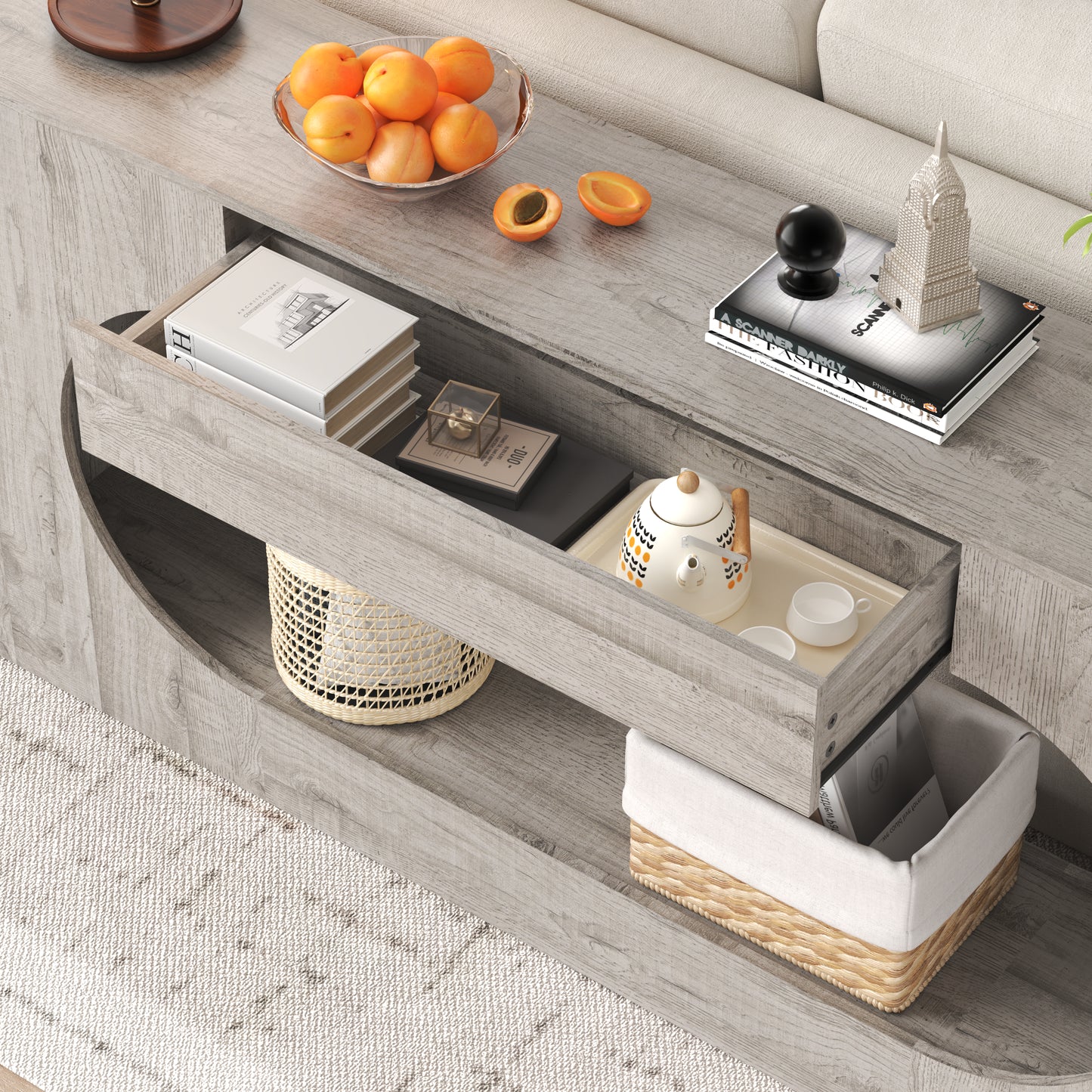 Grey Wood Grain Console Table with Storage Drawer - 63"
