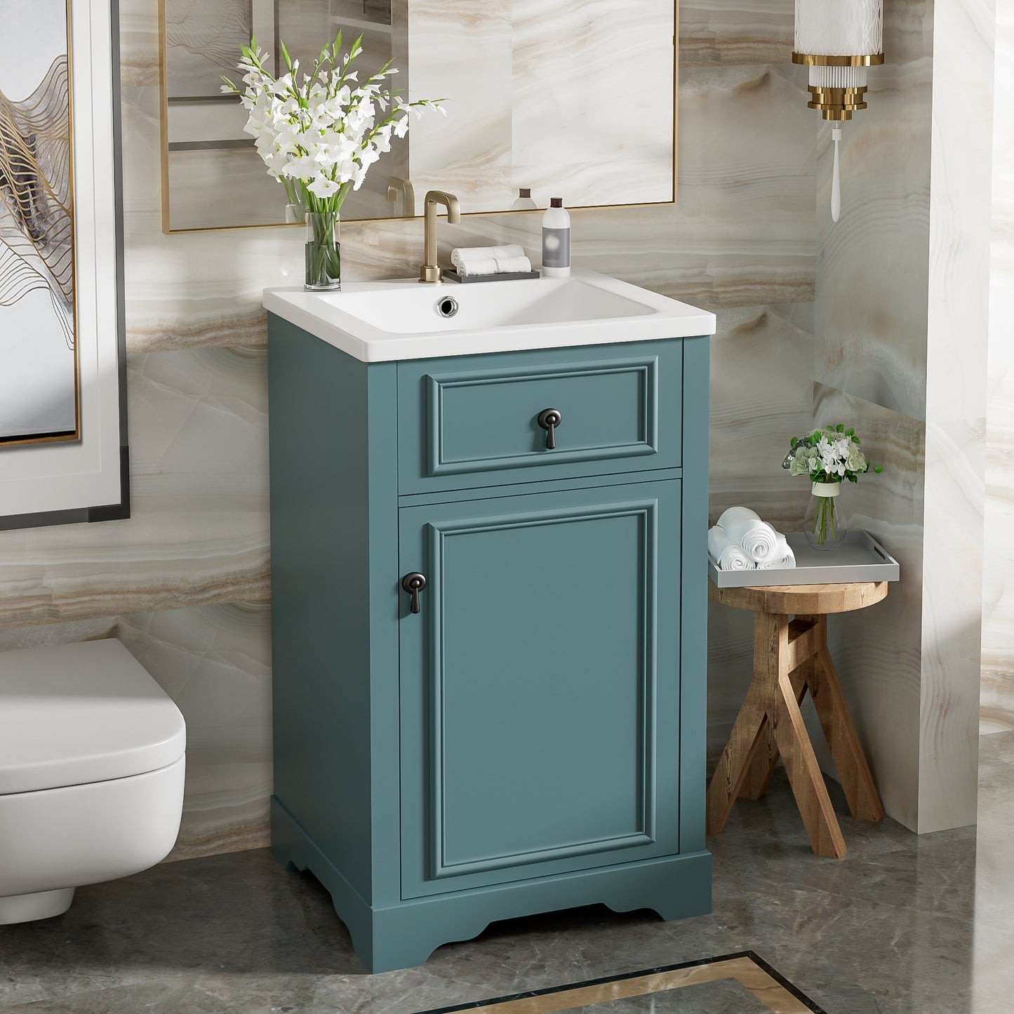 20-Inch Green Bathroom Vanity with Ceramic Sink & Soft Close Door