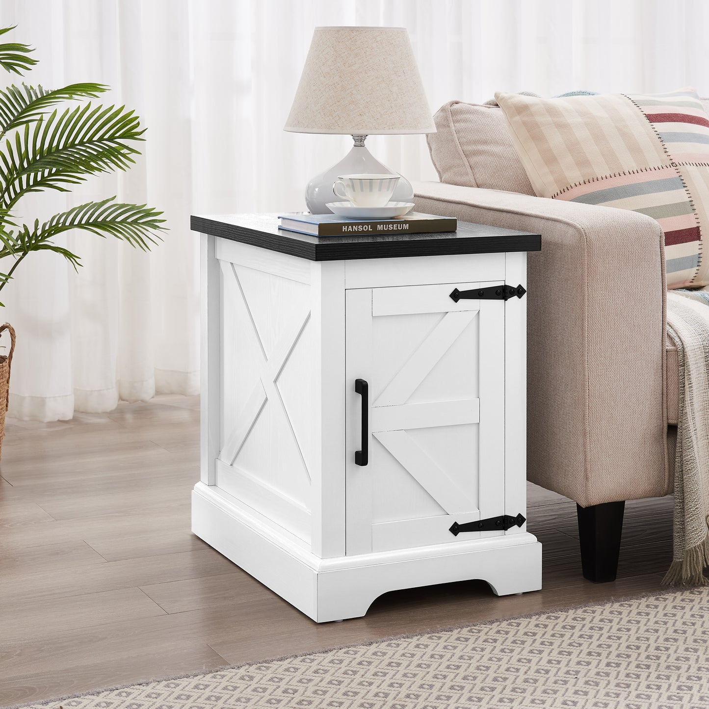 Farmhouse End Table with Barn Door & Adjustable Shelf - White