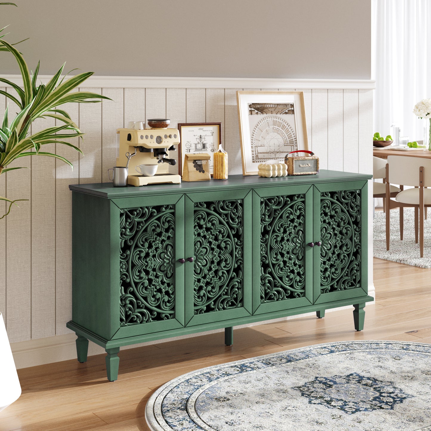 60" Antique Buffet Cabinet with Floral Carvings & Brass Handles - Antique Green
