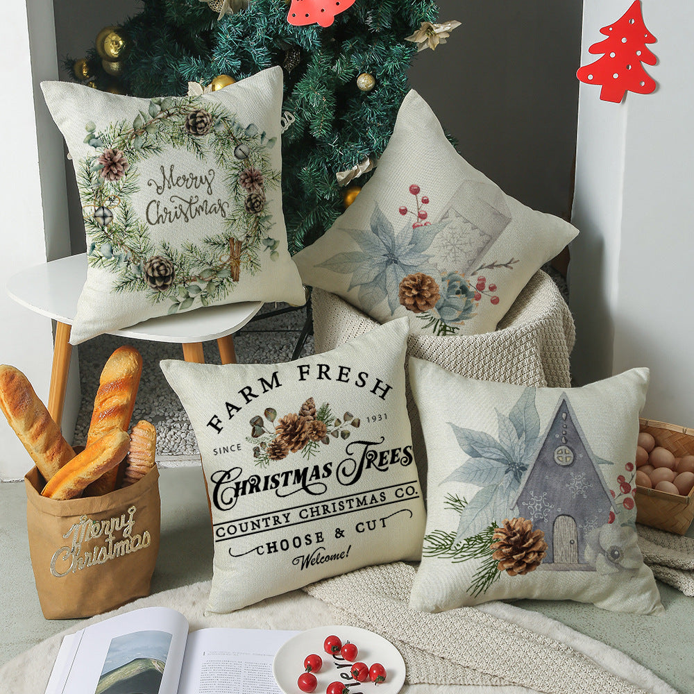 Watercolor Christmas Pillow Cover - Linen Fabric, Modern Holiday Decor