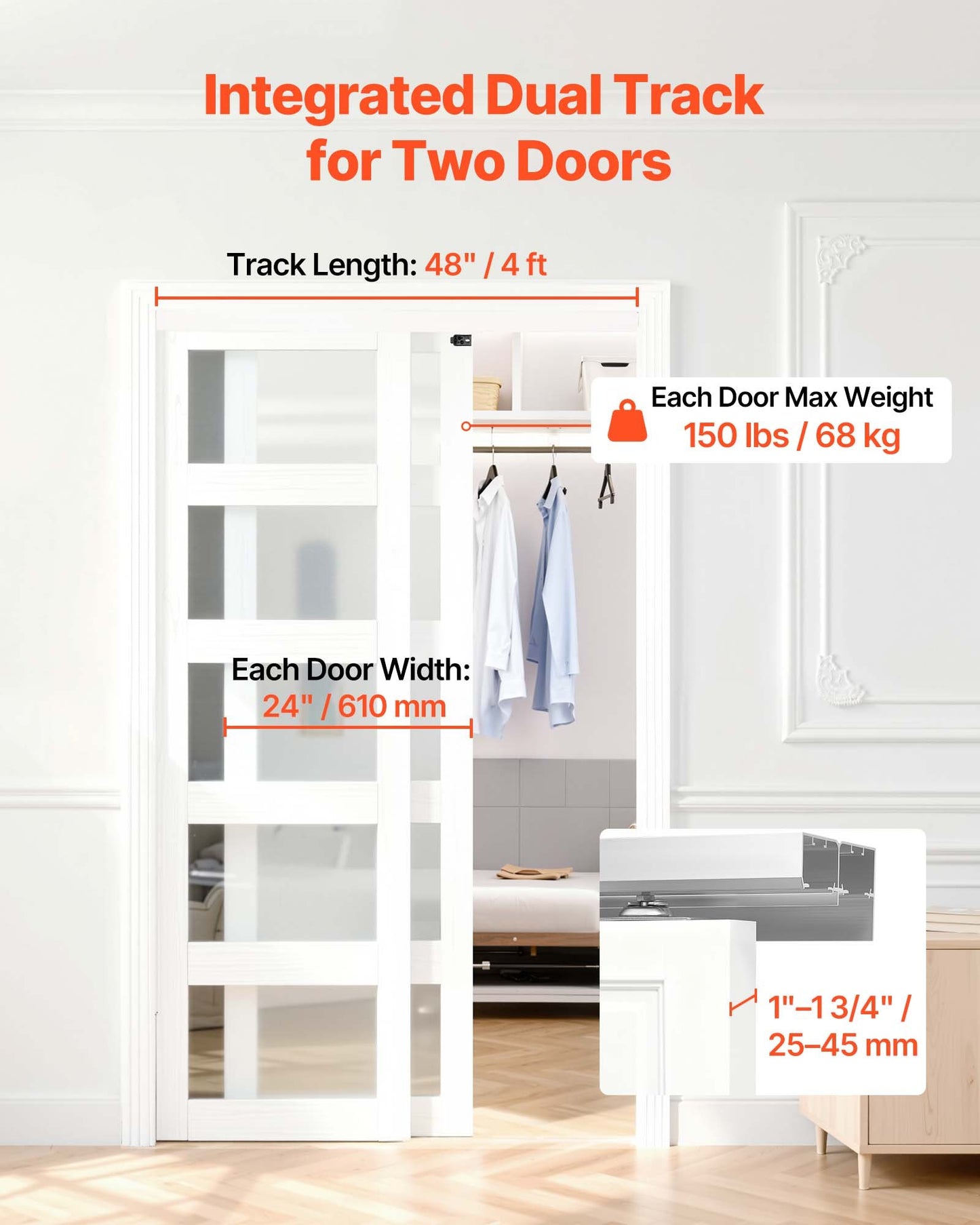 Sliding Door Hardware Kit for 24-inch Closet Doors - Aluminum Dual-Track, Quiet & Easy Install