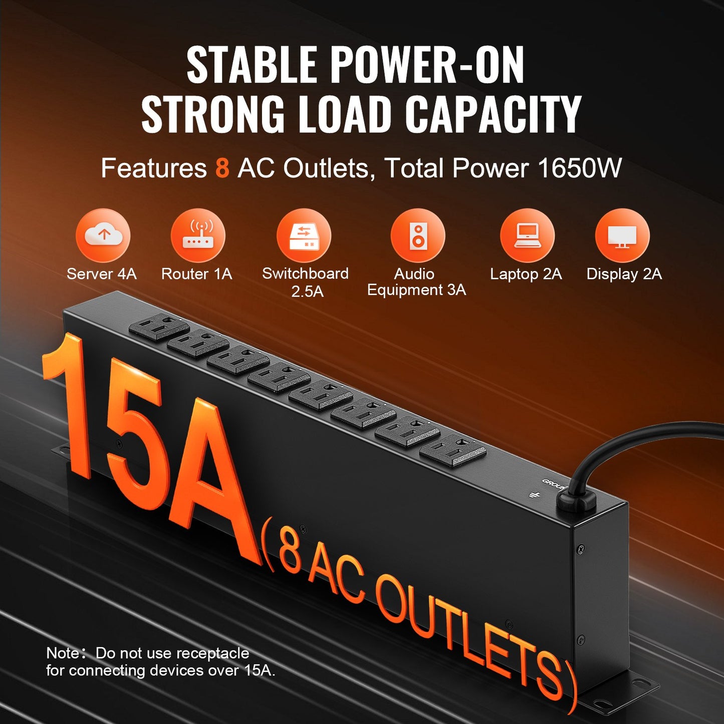 19 Inch Rack Mount Power Strip with 8 Outlets Surge Protector 15A Black