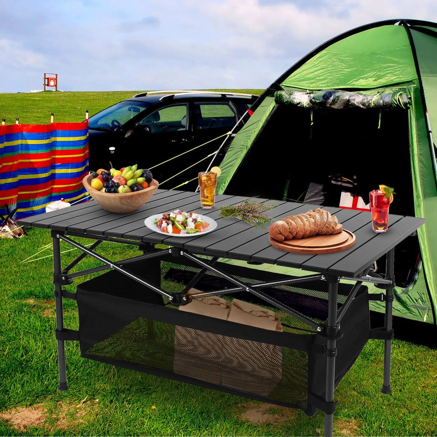 Foldable Camping Table - 220 Lb Capacity with Mesh Basket - Black
