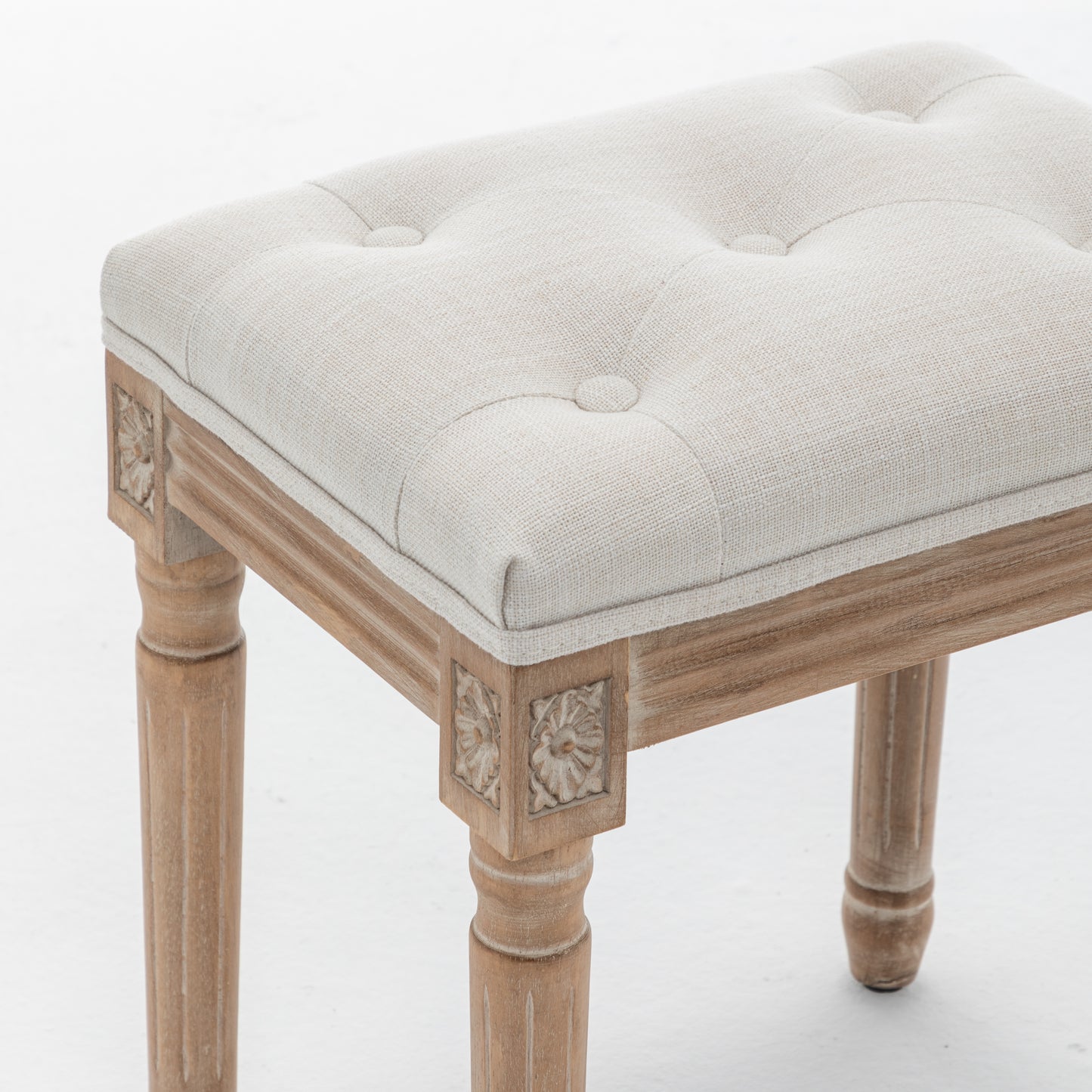 Tufted Vanity Stool with Linen Upholstery and Solid Wood Legs - Beige