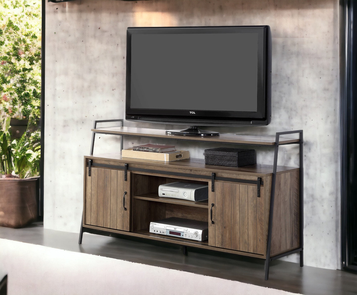 Rustic Oak & Black TV Stand with Sliding Barn Doors