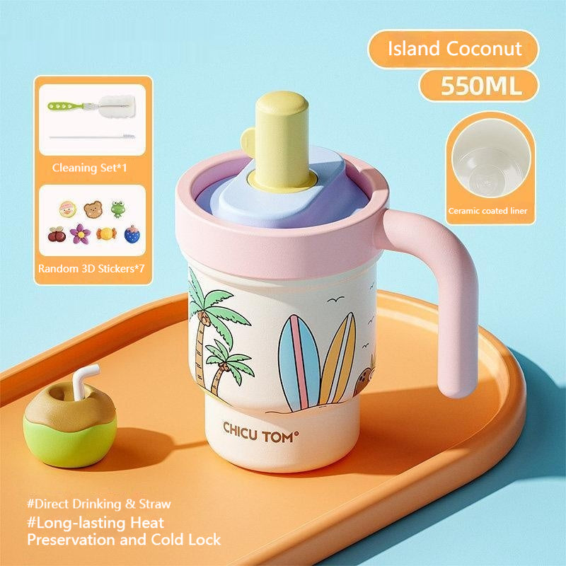 Insulated Ceramic & Stainless Steel Straw Cup with Handle - 610ML, Color Options