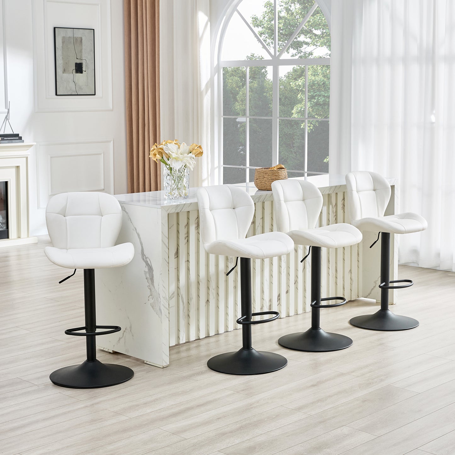 Set Of 2 Height Adjustable Bar Stools, White PU Upholstered Tufted