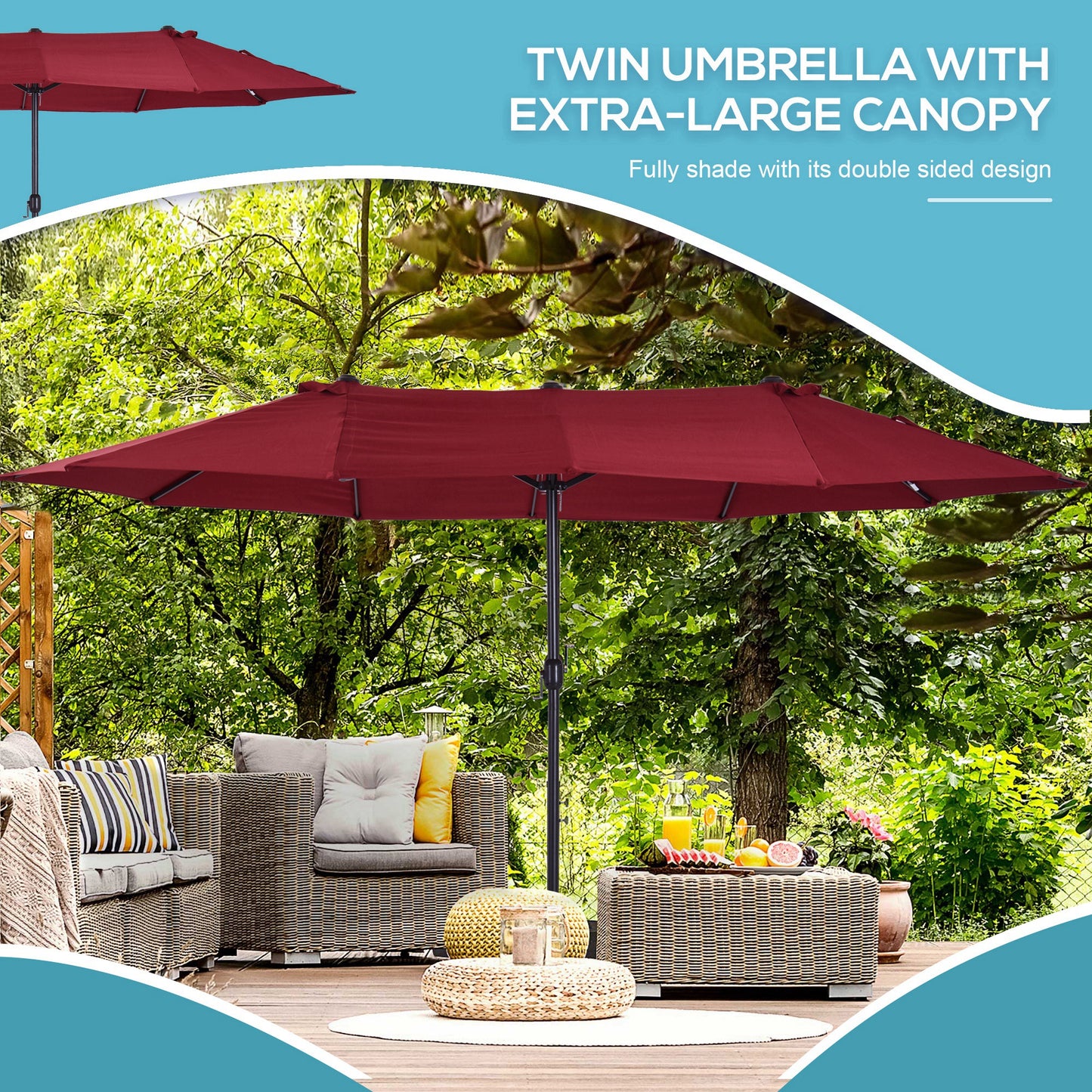 15 ft Double-Sided Patio Umbrella with Crank - Wine Red