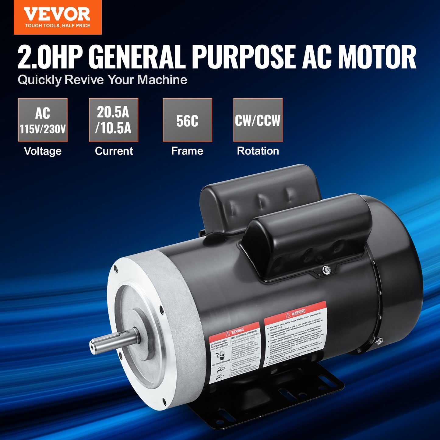 2HP Air Compressor Electric Motor 1725 RPM 115/230V Single Phase CW/CCW Black