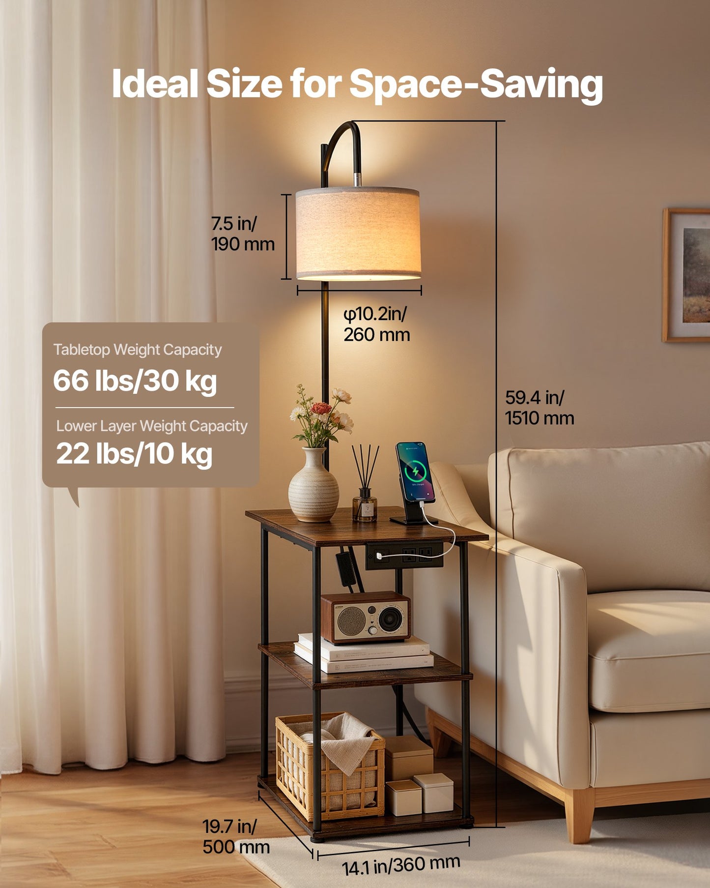 Narrow Floor Lamp with Table and USB Charging, 3 Color Temp End Table Nightstand