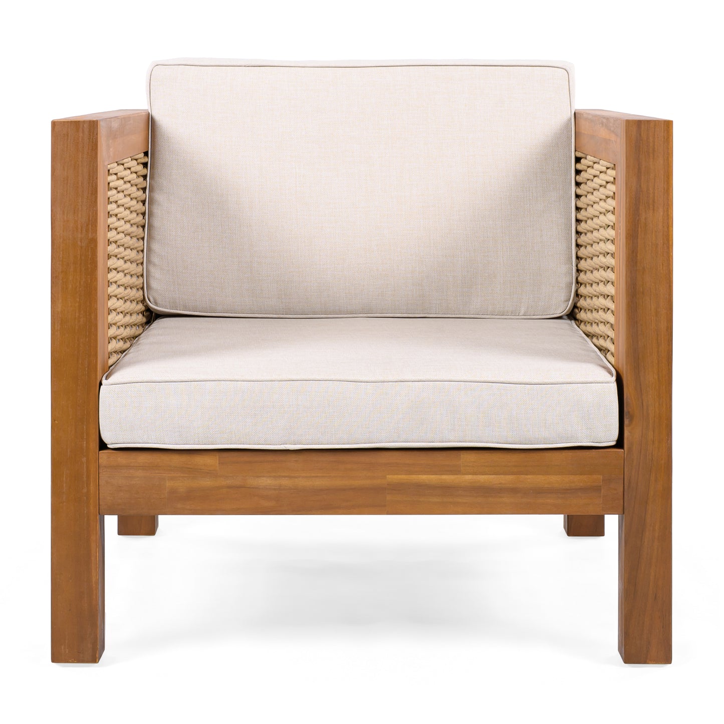 Acacia Wood Outdoor Club Chair with Wicker Armrests & Beige Cushions