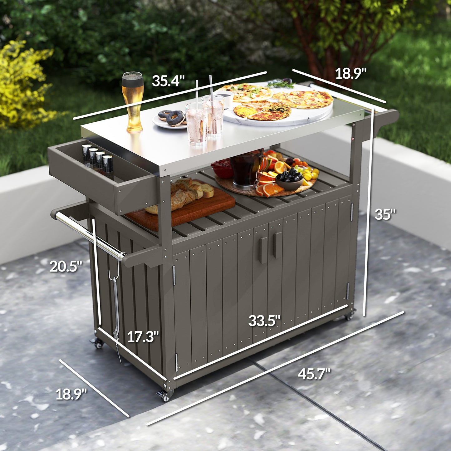 Outdoor Bar Cart - Stainless Steel Top, HDPE Storage, Wheeled - Dark Gray