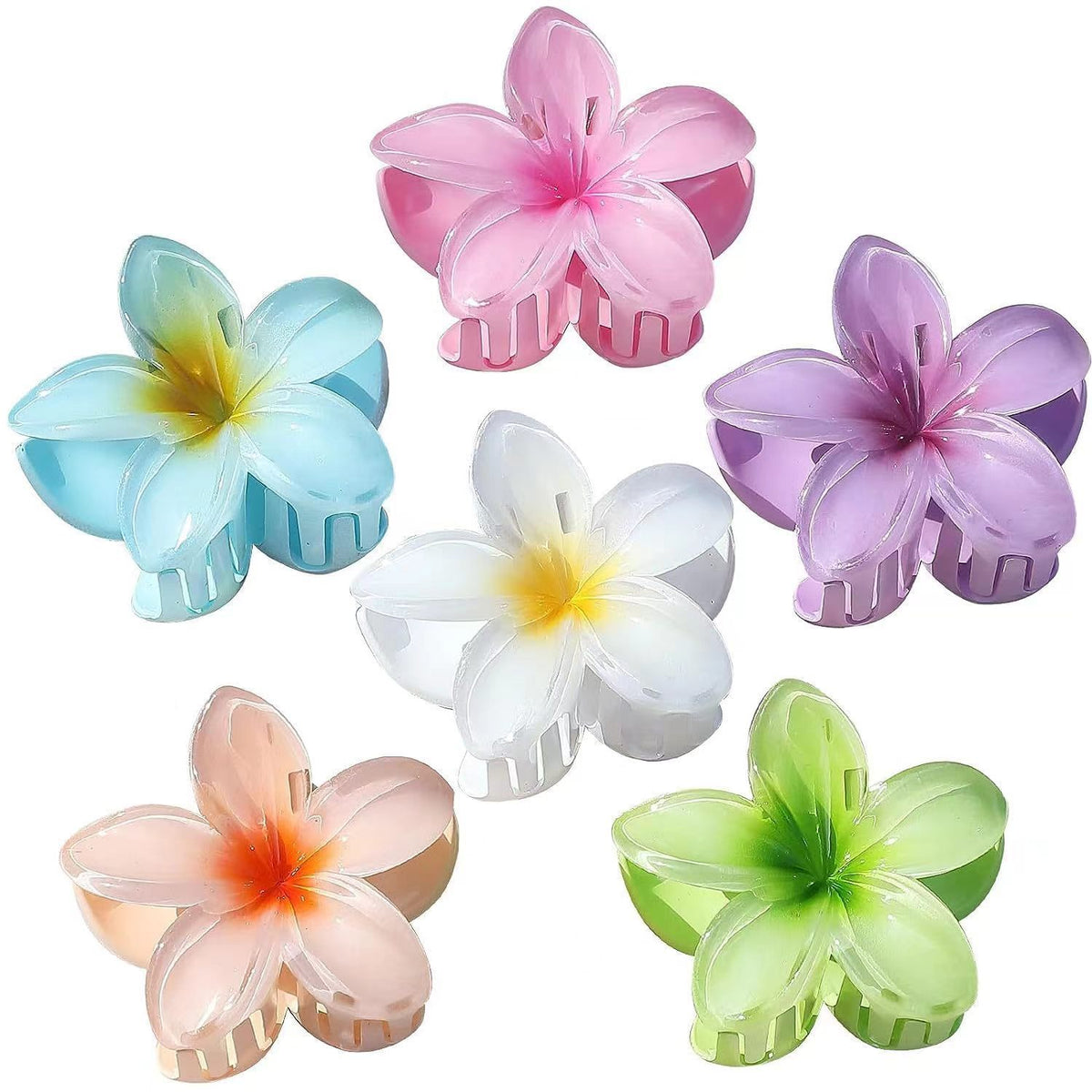 Colorful Plumeria Flower Barrettes - 6 Pc Set