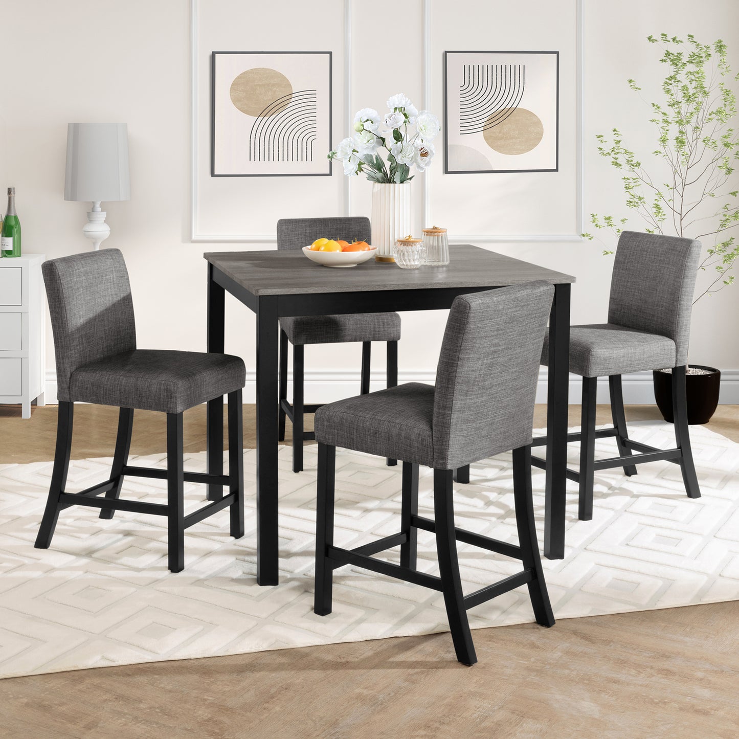 Counter Height Dining Table Set with 4 Chairs - Light Grey & Black