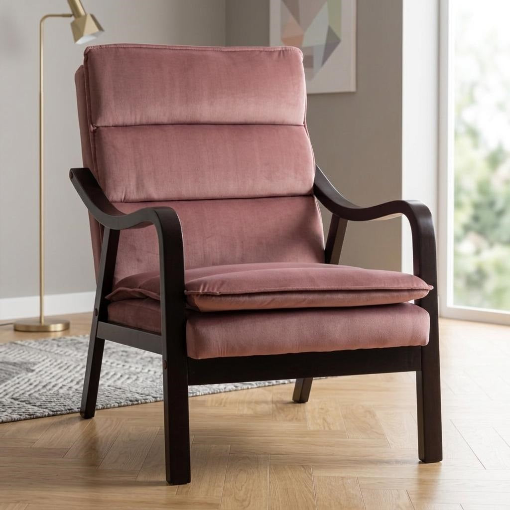 Mid-Century Modern Rose Accent Chair With Wood Armrest, Upholstered