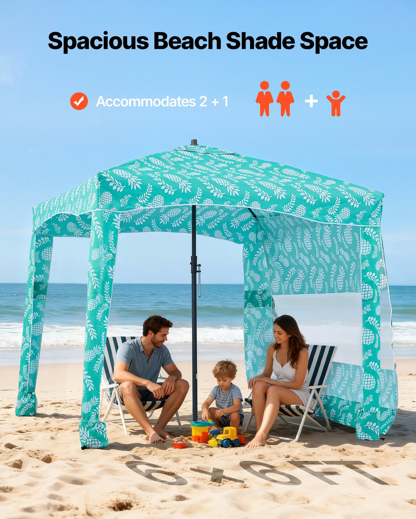 6x6 Ft Beach Cabana with Side Wall - UPF 50+ Sun Shade & Sand Pockets, Portable Outdoor Tent for Family & Friends