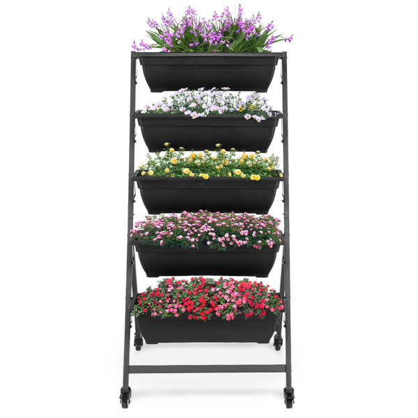 Black 5-Layer Vertical Garden Planter with Wheels - 65x60x130cm