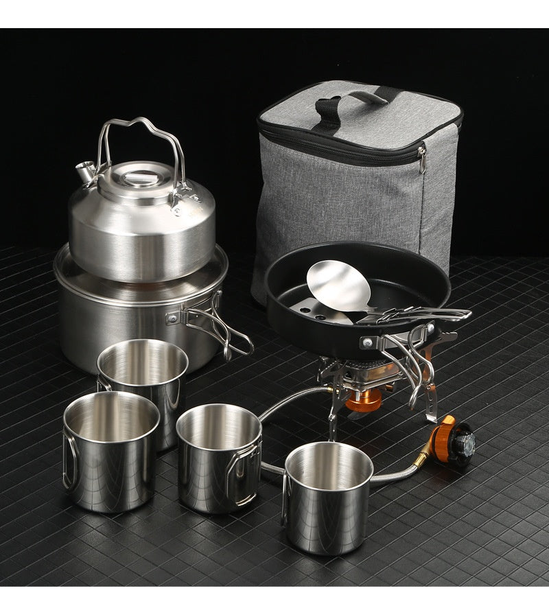 Portable Outdoor Cookware Set with Folding Pans & Windproof Gas Stove