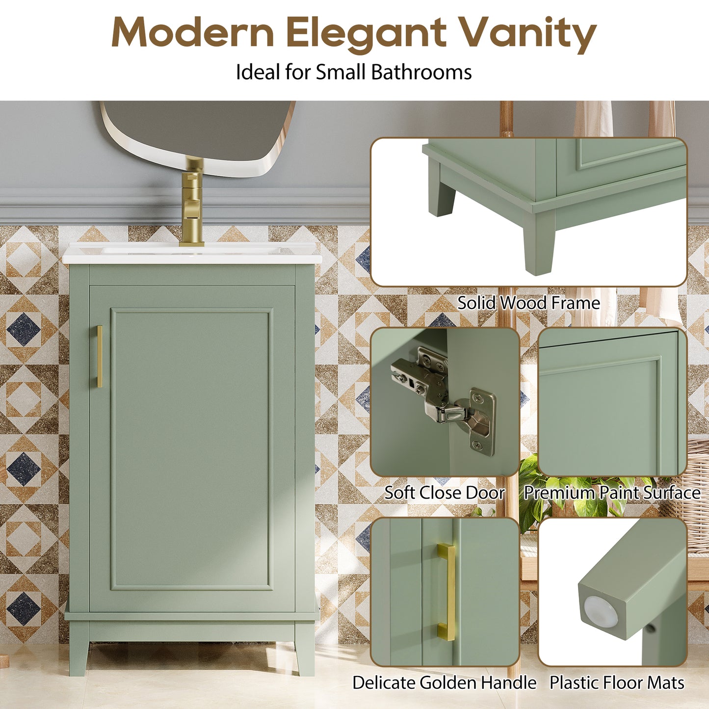 20 Inch Modern Green Bathroom Vanity Cabinet with Ceramic Basin
