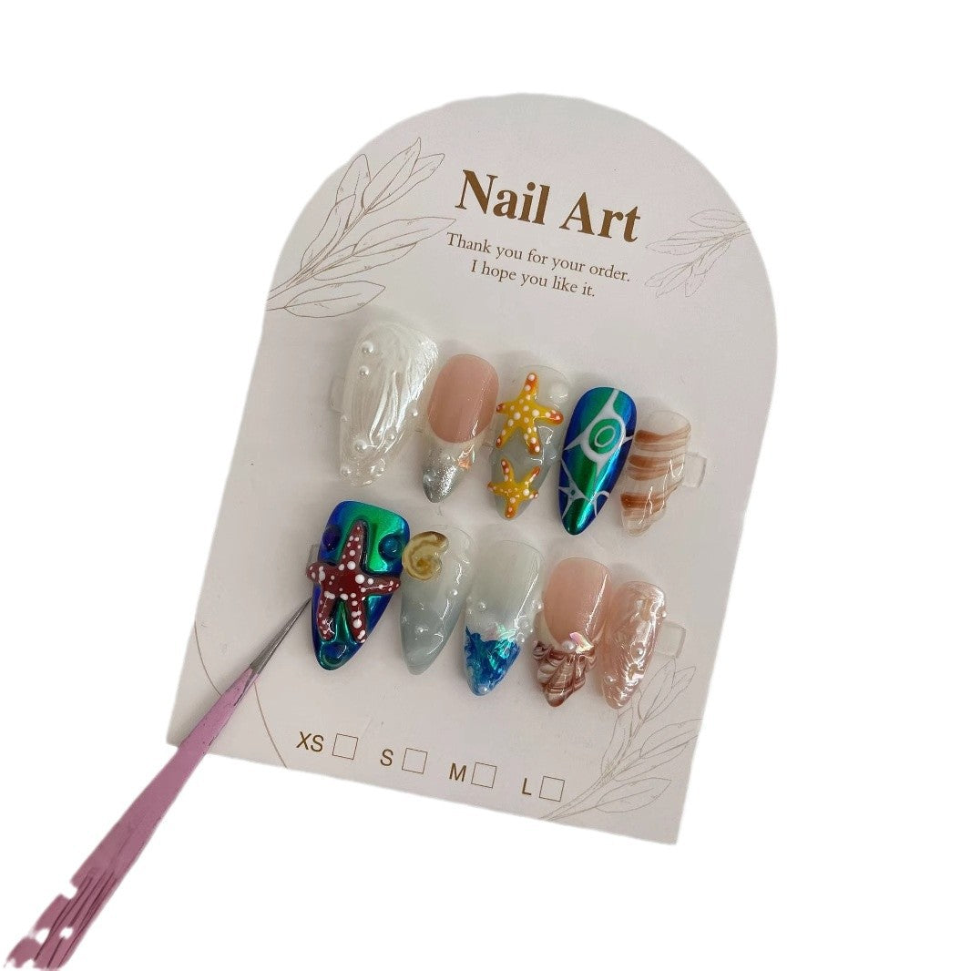 Hand-Painted Almond Press-On Nail Set - Professional Long Manicure Kit