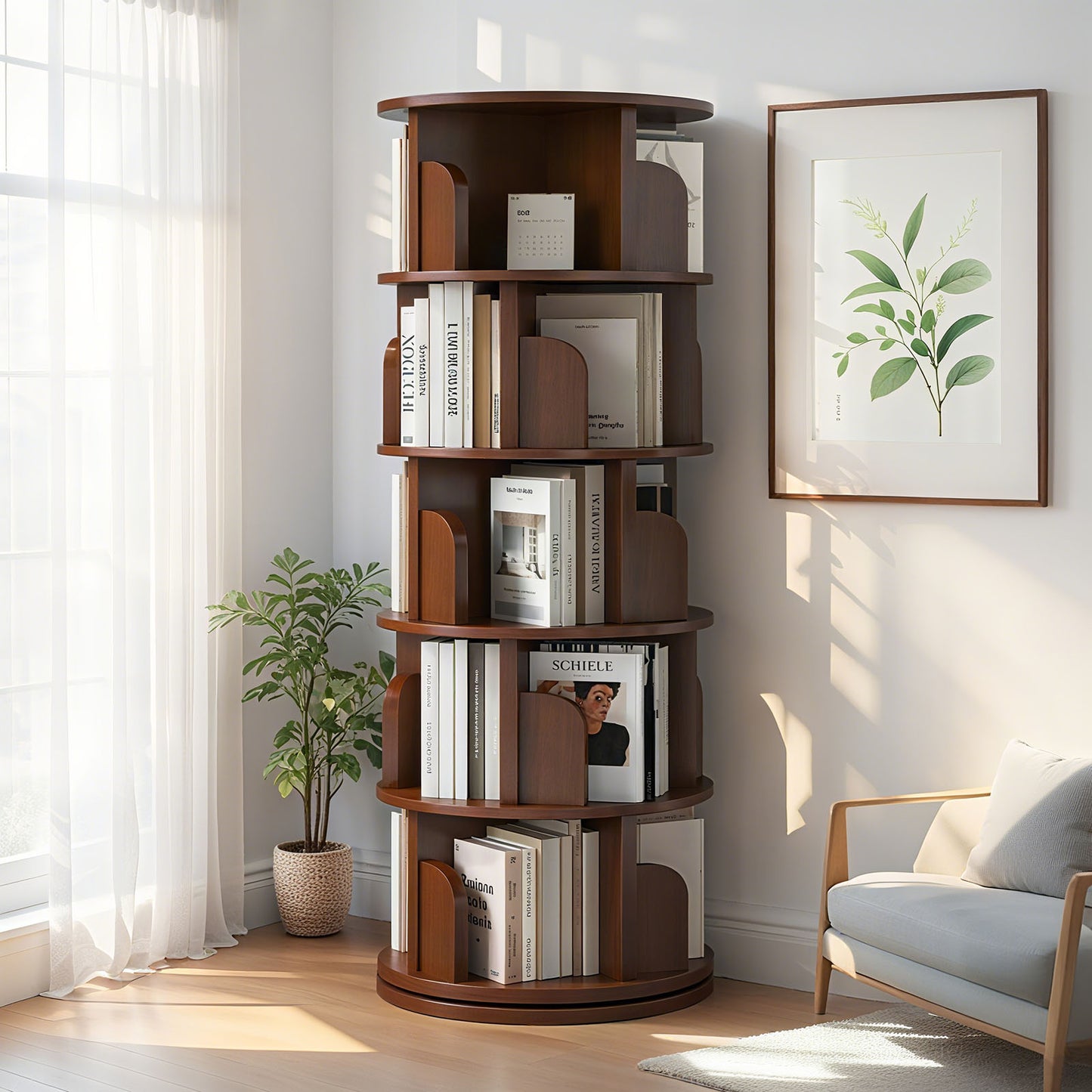 5 Tier Rotating Bookshelf, 360 Display Round Spinning Space-Saving,