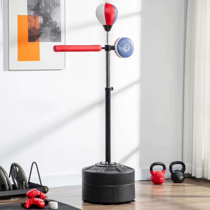 Freestanding Adjustable Boxing Speed Bag with Reaction Bar - Black, Red, Blue