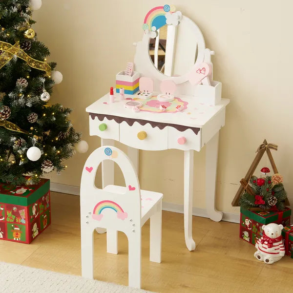 Kids Vanity Table and Chair Set with 7 Pretend Makeup Toys