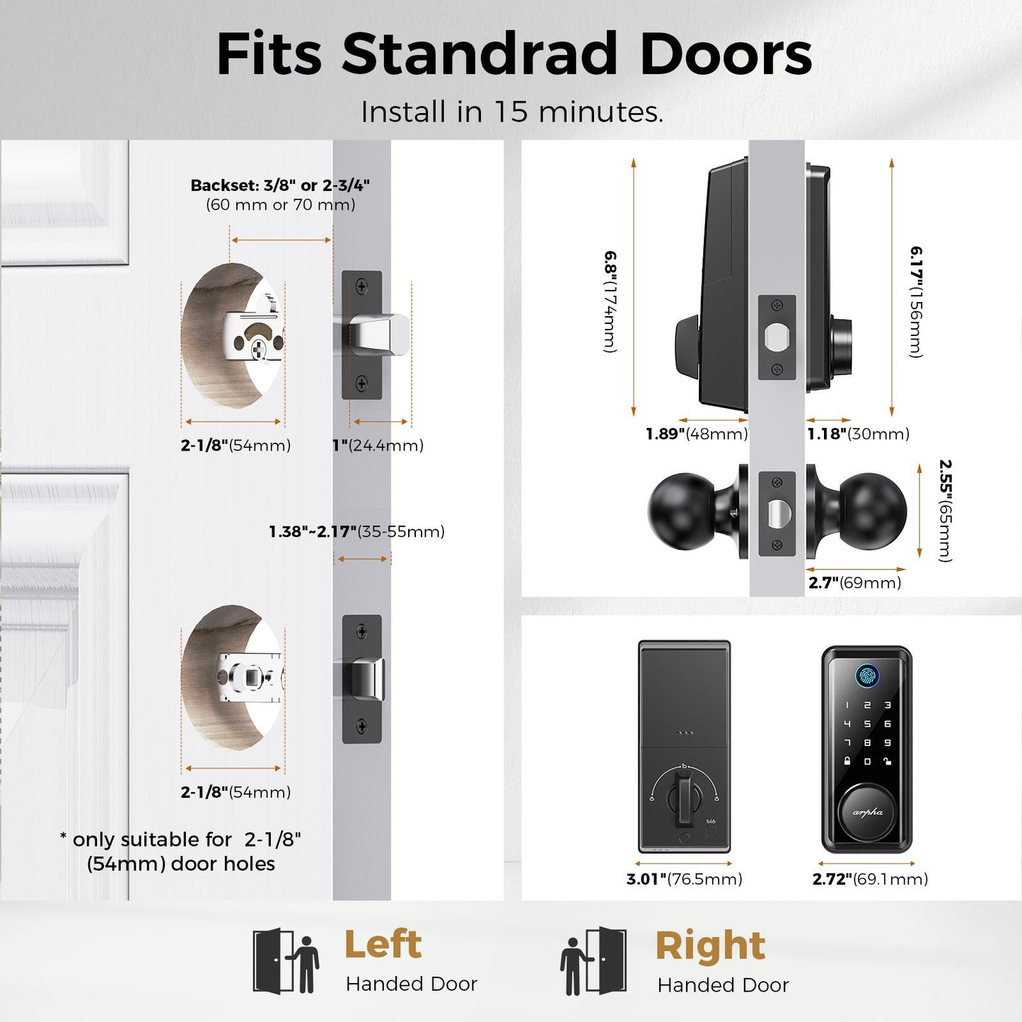 Keyless Entry Door Lock with Handle, App Control Front Door Lock Set with Keypad and Auto Lock
