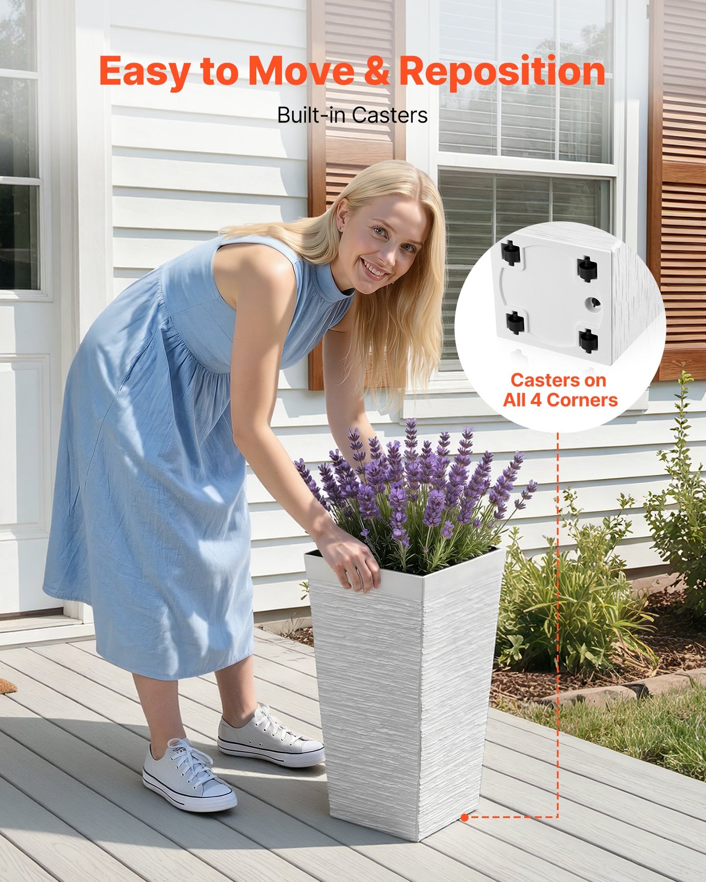 Tall Outdoor Planters Set of 2, 23 Inch Modern Taper Flower Pots with Casters, Drainage Holes, White or Black