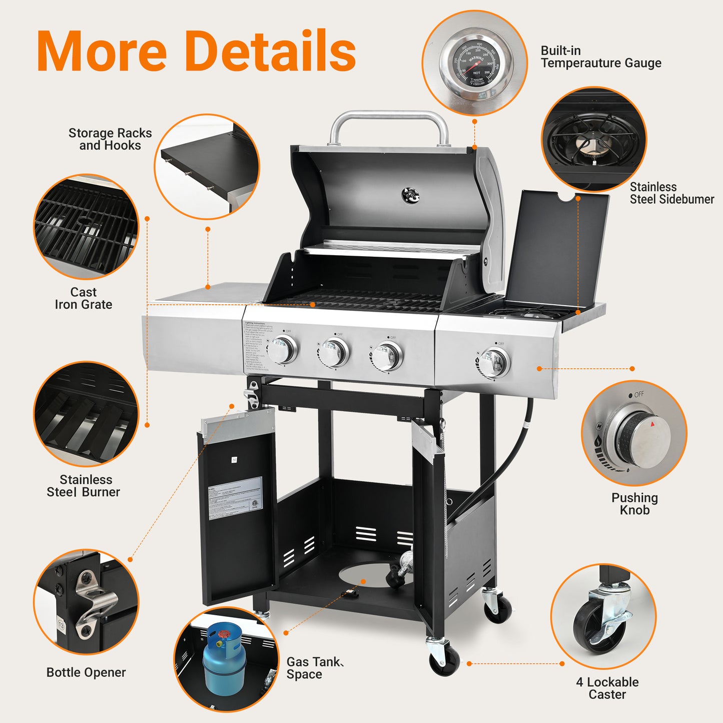 3-Burner Propane Grill with Side Burner - Stainless Steel BBQ