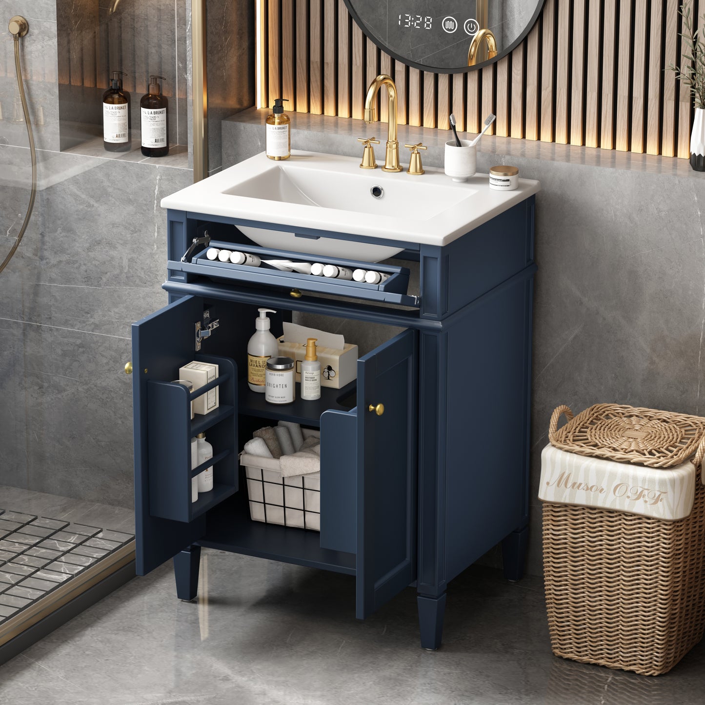 24" Blue Bathroom Vanity with Soft-Close Doors & Storage Drawer