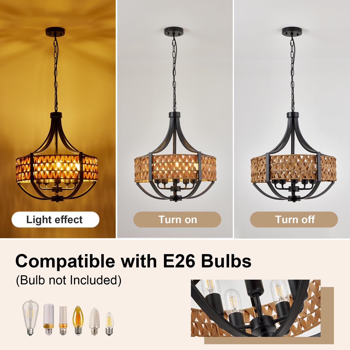 19.7-Inch Black Rattan Pendant Light with 5 LED Spotlights - Farmhouse Ceiling Chandelier for Dining & Living Rooms