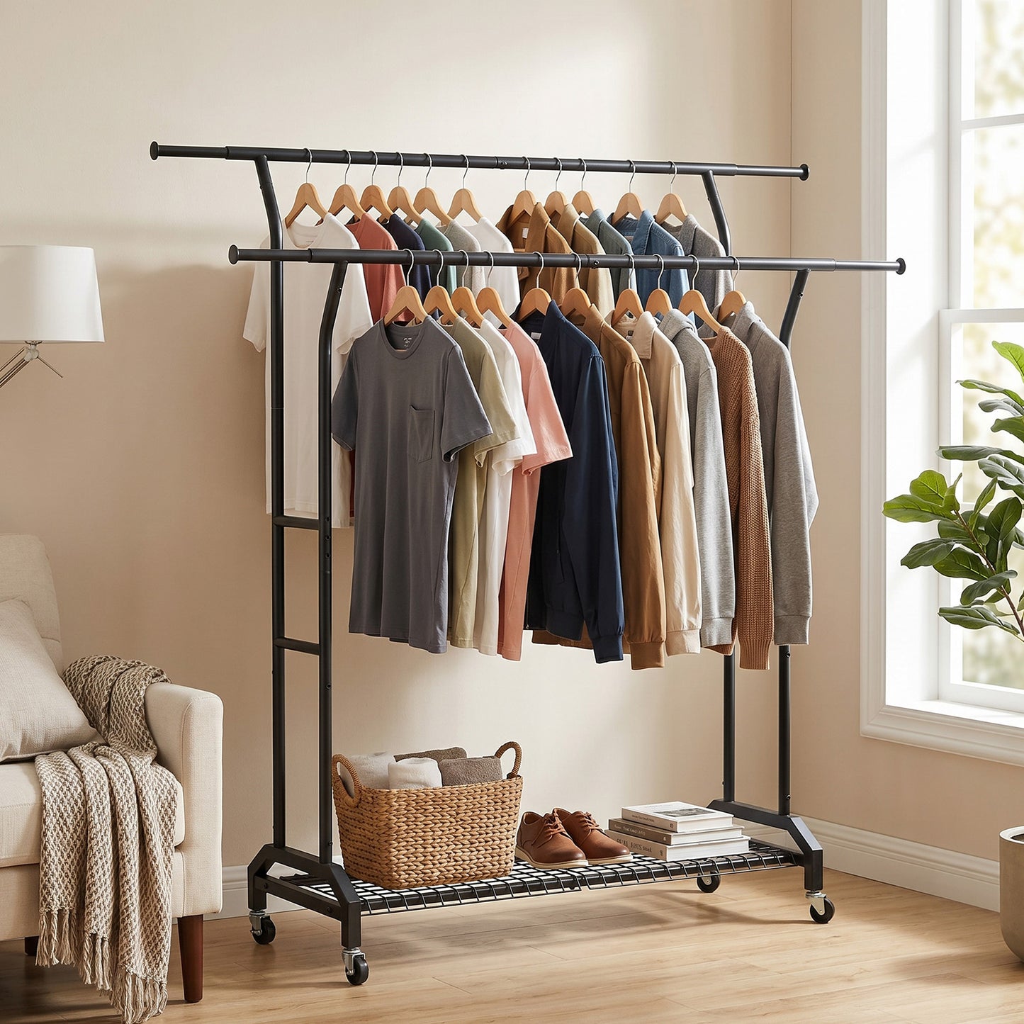 Height Adjustable Heavy Duty Metal Garment Rack with Double Rods