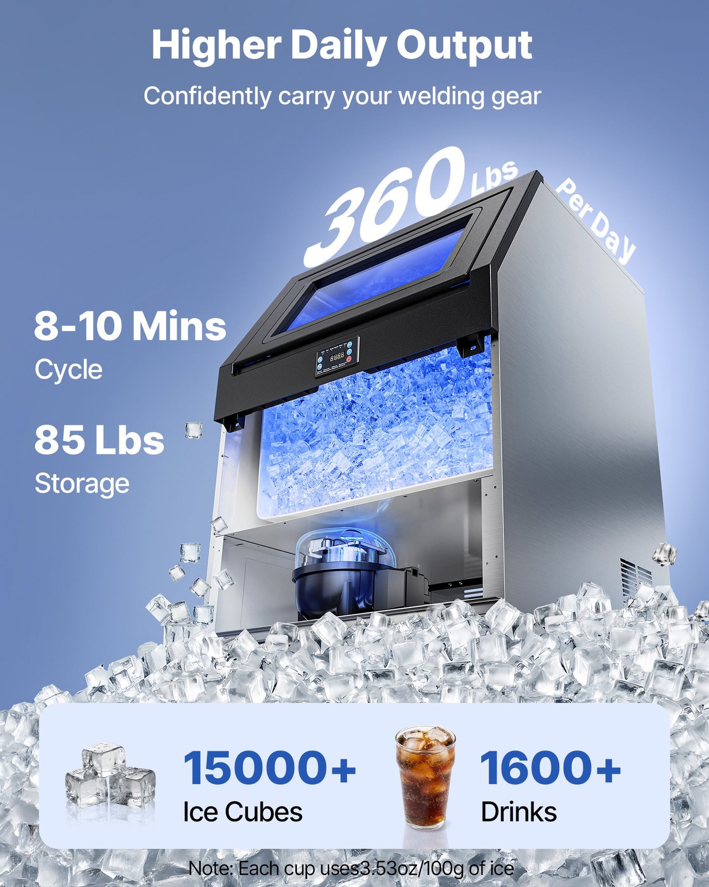Commercial Ice Maker Machine 300 lbs/24h with 85 lbs Storage Stainless Steel