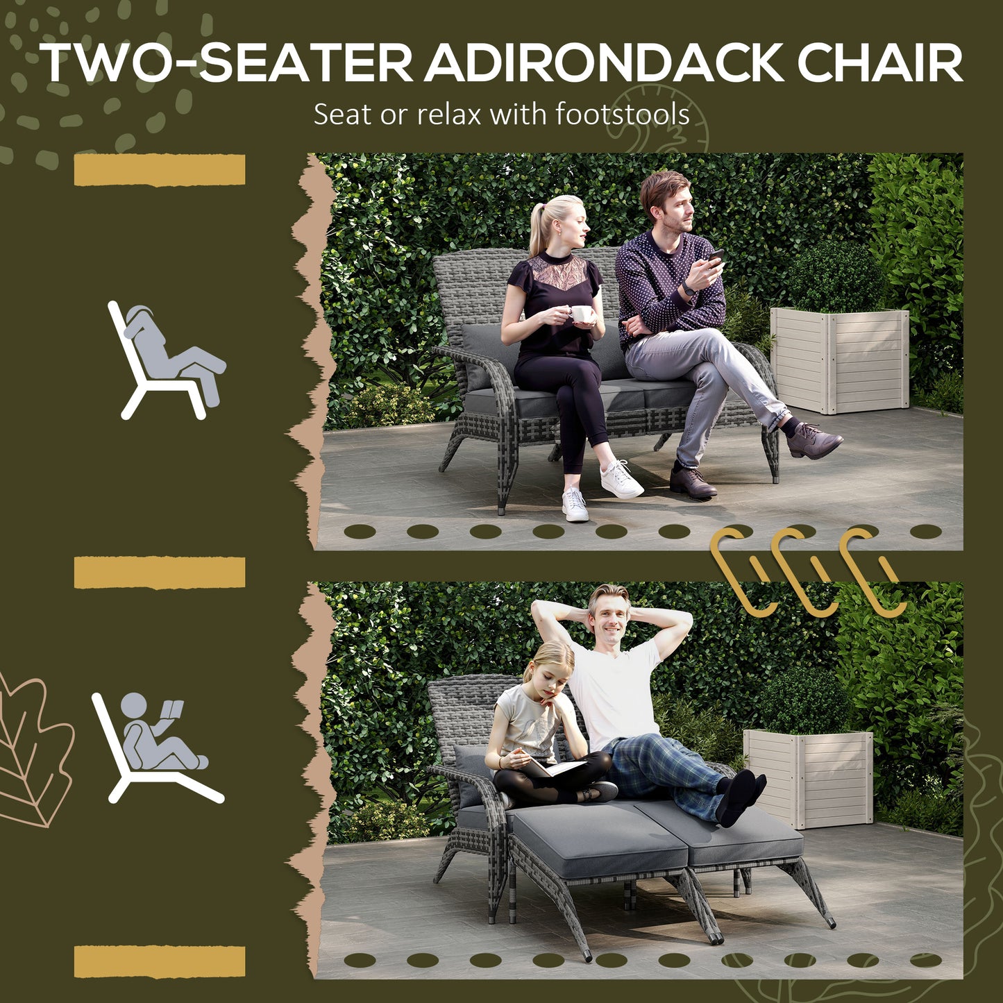 Adirondack Chair for 2 with Cushions & Footrests - Mixed Gray