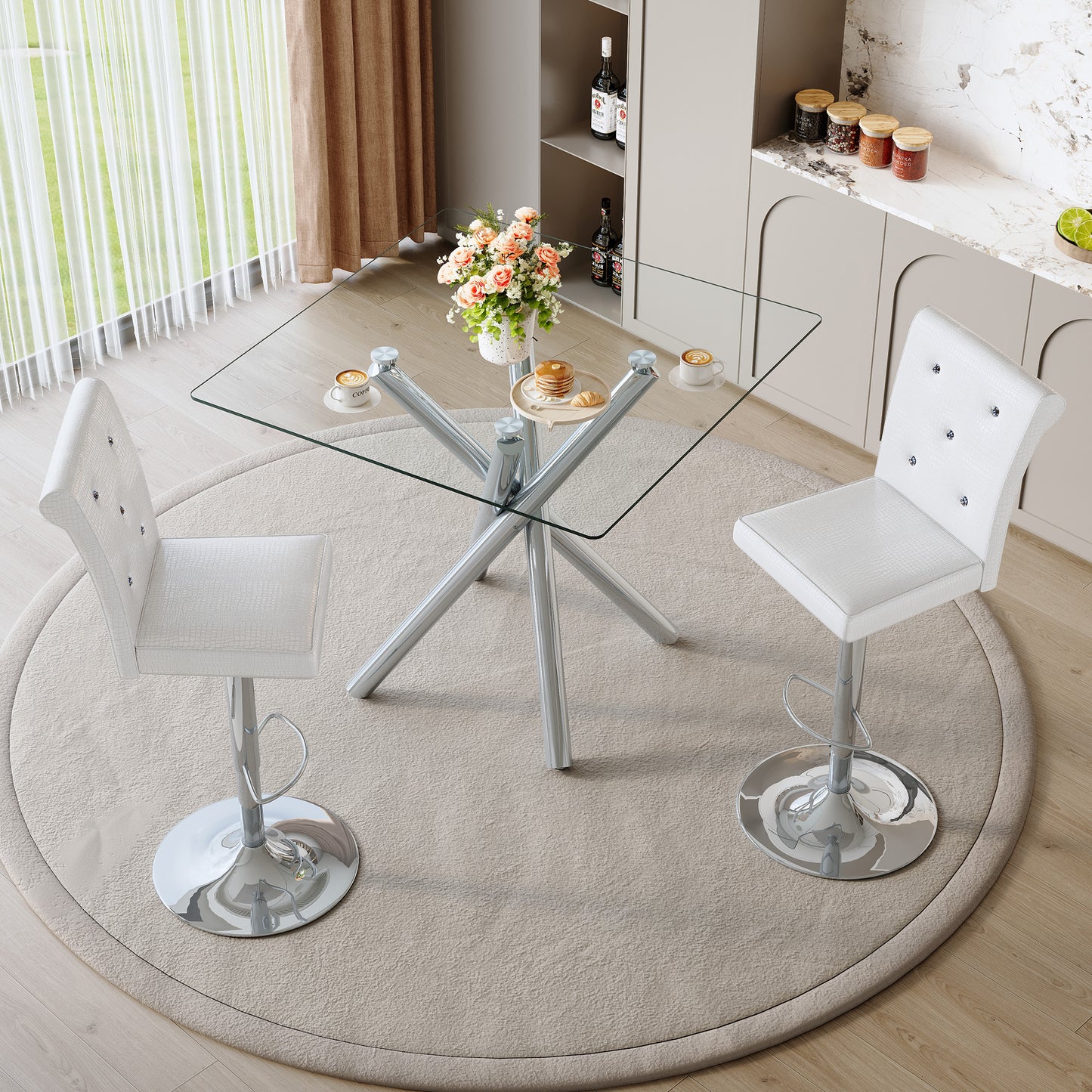 Modern Glass Bar Table And Adjustable Stools Set Of 2, Contemporary