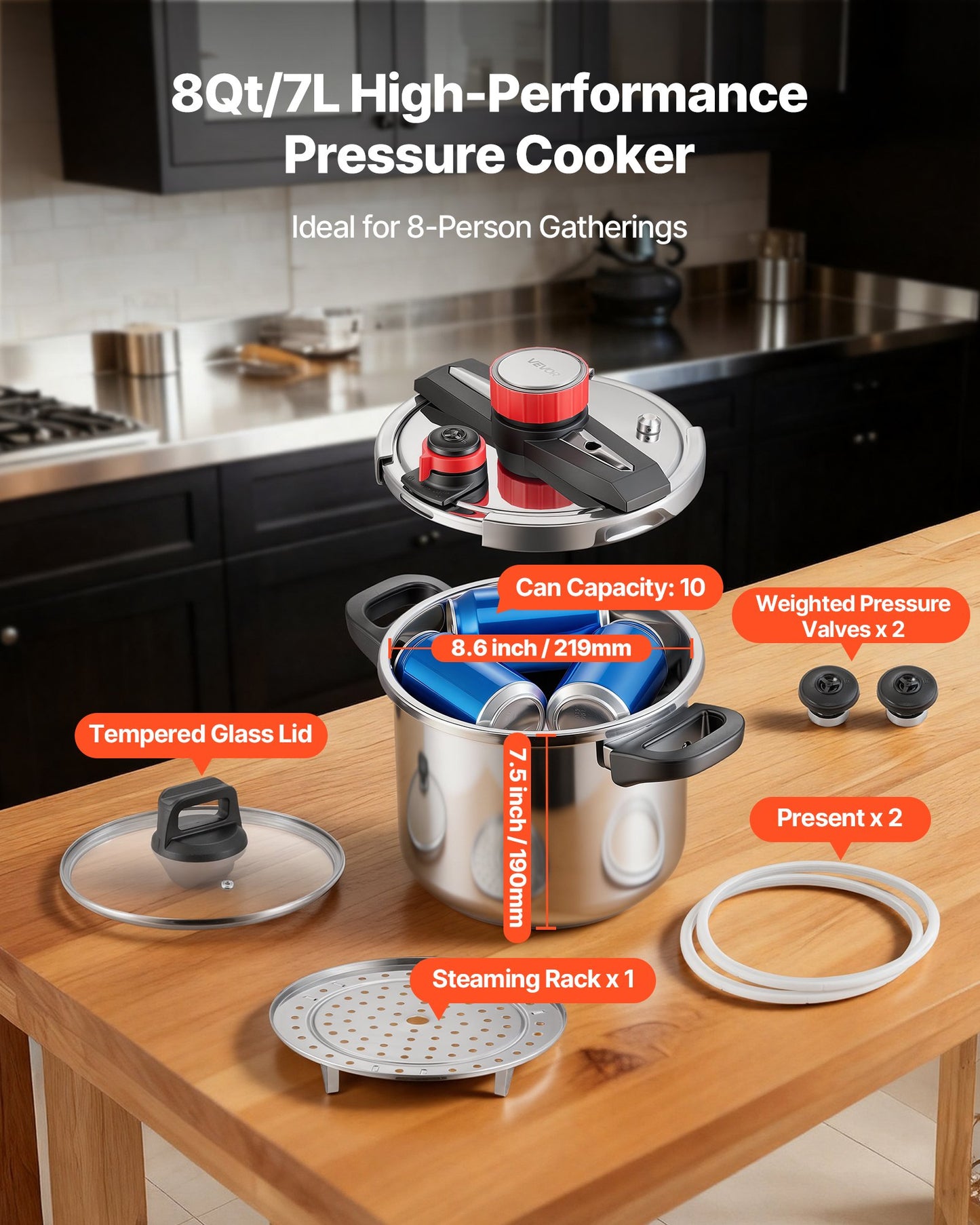 8Qt Stainless Steel Pressure Cooker with Steaming Rack & 3 Pressure Settings