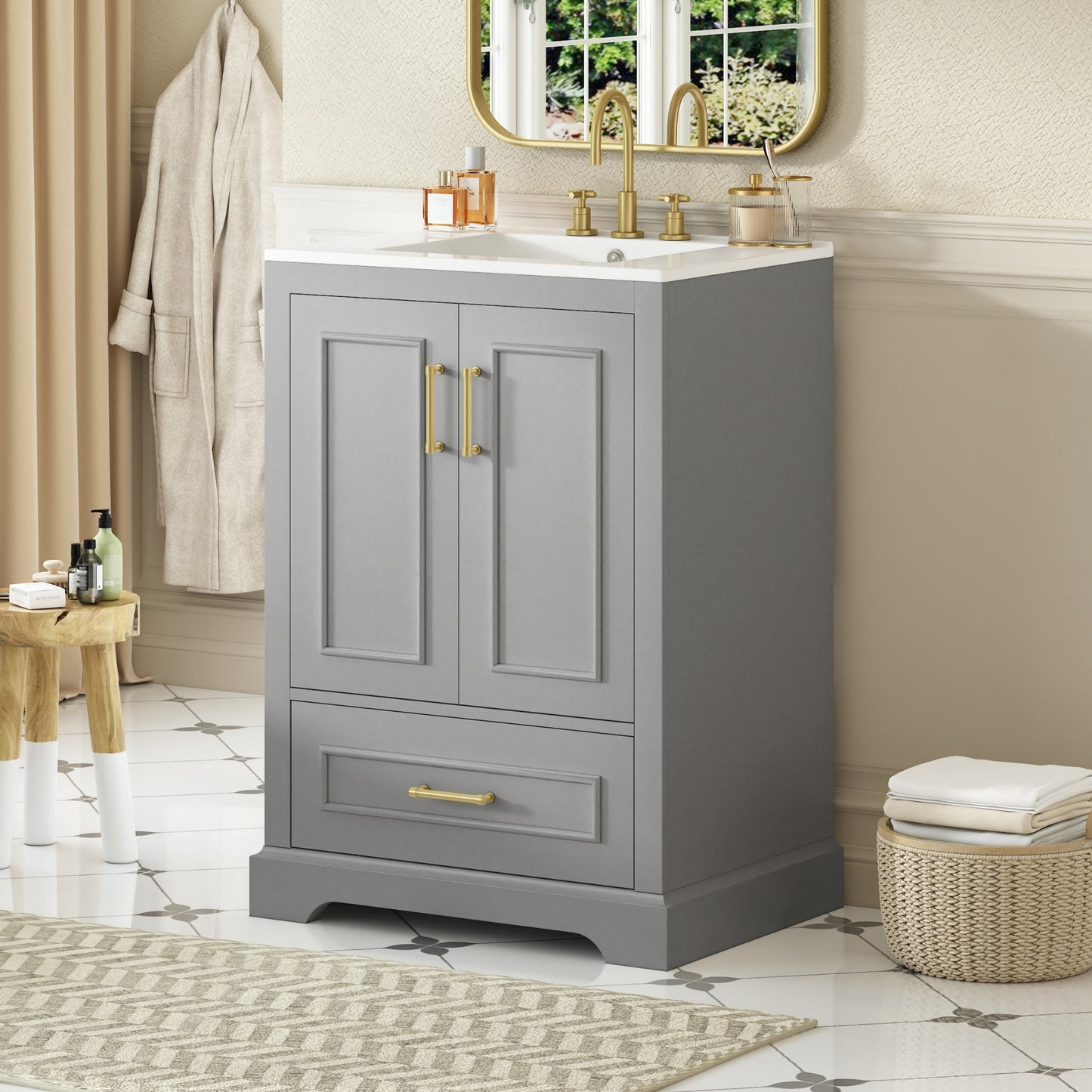 24" Gray Bathroom Vanity with Sink, MDF Cabinet & Soft Close Doors